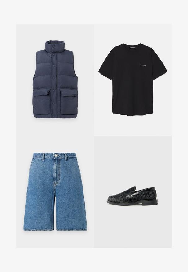 Jūrų laivyno pūkinė liemenė su aukštu apykakle, priekiniais mygtukais ir dviem didelėmis priekinių kišenėmis. Pagaminta iš lengvo, siuvinėjamo audinio.; Juoda medvilninė marškinėlė su apykakle, trumpomis rankovėmis ir baltu logotipu kairėje krūtinės pusėje. Paprastas, vientisas spalvų dizainas.; Mėlynos džinsinės šortai su aukštu liemeniu, su priekiniais mygtukais, šoninėmis kišenėmis ir tiesaus kojos dizainu.; Juodas pintas slip-on tipo batelis su lygiu odiniu akcentu viršuje, apvalios nosies dizainas ir žemas guminis padas.