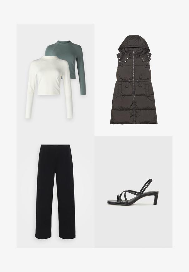 Must päevitav, ilma varrukateta vest, millel on kapuuts, lukuga esiosa, nööbid, reguleeritav pael vöökoht ja küljetaskud. Sile tekstuur.; Kaks pikkade varrukatega särk: üks kreemika värvuse ja lühendatud disainiga ning teine roheline, tavapikkune raglankäistega. Mõlemad pehmest kangast.; Mustad laiad püksid elastse vöökohtaga. Valmistatud tekstuurilisest materjalist, millel on lõtv istuvus ja sirge lõige puusadest heleni.; Mustast rihmajalatsid ruudukujulise varba ja madala ploki kontsaga. Omab mitmeid õhukesi rihmasid ja reguleeritavat pahkluu rihma. Valmistatud siledast nahast.