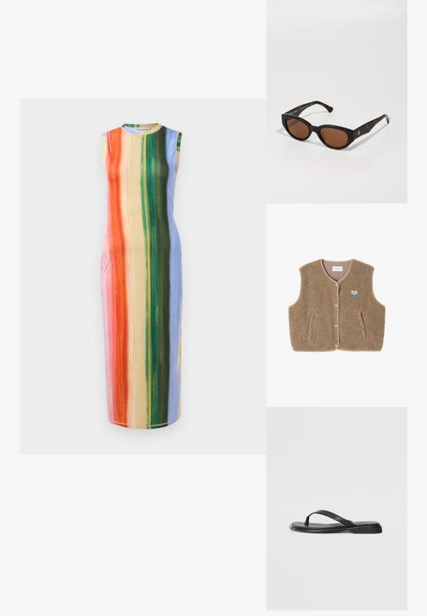 Hnedý fleecový vest s mäkkou štruktúrou, okrúhlym výstrihom, predným zapínaním na cvoky a bočnými vreckami; obsahuje malé logom.; Mikina bez rukávov s vertikálnymi pruhmi v odtieňoch oranžovej, ružovej, zelenej a modrej. Tkanina pôsobí hladko a má jemný lesk.; Čierne šľapky vyrobené z hladkej kože, s tenkým pásikom a plochou podrážkou s minimalistickým profilom. Bez výrazných vzorov alebo akcentov.; Čierne korytnačkovité slnečné okuliare s hnedými sklami, s ostrým dizajnom a širokými ramenami, obsahujúcimi jemný detail loga. Hladký plastový povrch.