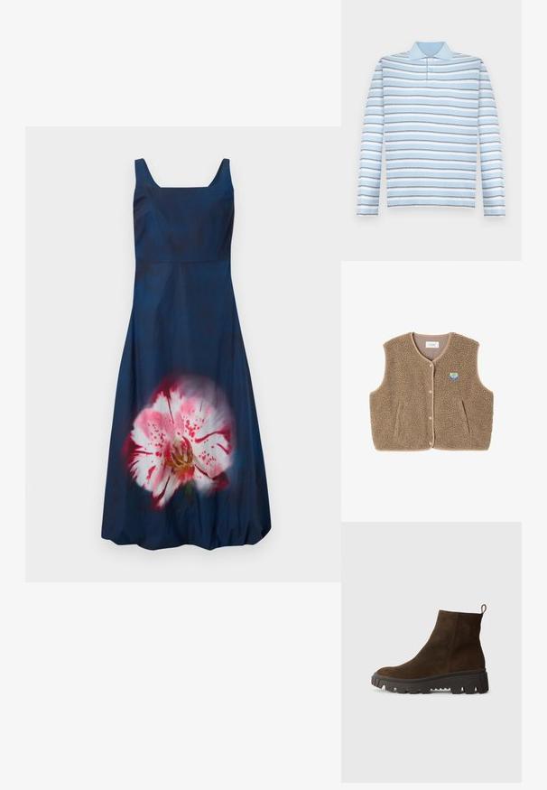 Pruun fliistekampsun pehmea tekstuuriga, ümar kaelus, eesnööbiga sulgemine ja küljetaskud; sisaldab väikest logo silti.; Tumesinine kleit ruudukujulise kaelusega ja ilma varrukateta; esiosal on suur helesiniste lillede muster. Sile tekstuur.; Hele sinine pikkade varrukatega polo-särk, millel on horisontaalsed hallid ja valged triibud ning krae.; Pruun nahast pahkluu saabas, millel on tugev must kummitald, kerge konts ja tagumine tõmbetöödeldud osa, mis muudab selga panemise lihtsamaks.; Punane kootud käekott läikiva viimistluse ja punutud käepidemetega. Silmatorkav kolmnurkne kuju ja tekstureeritud pind tiheda mustriga.