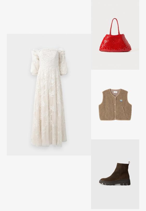 Bruine fleece vest met een zachte textuur, ronde halslijn, sluiting met drukknoop aan de voorkant en zijzakken; heeft een kleine logo patch.; Off-shoulder lange jurk in crème met textuur bloemenborduursel, pofmouwen en een vloeiende rok die de vloer raakt.; Bruine suède enkellaars met een stevige zwarte rubberen zool, voorzien van een lichte hak en een trekband aan de achterkant voor eenvoudig aan- en uittrekken.; Rode geweven handtas met glanzende afwerking, voorzien van gevlochten handvatten. Kenmerkende driehoekige vorm en gestructureerd oppervlak met een strak patroon.