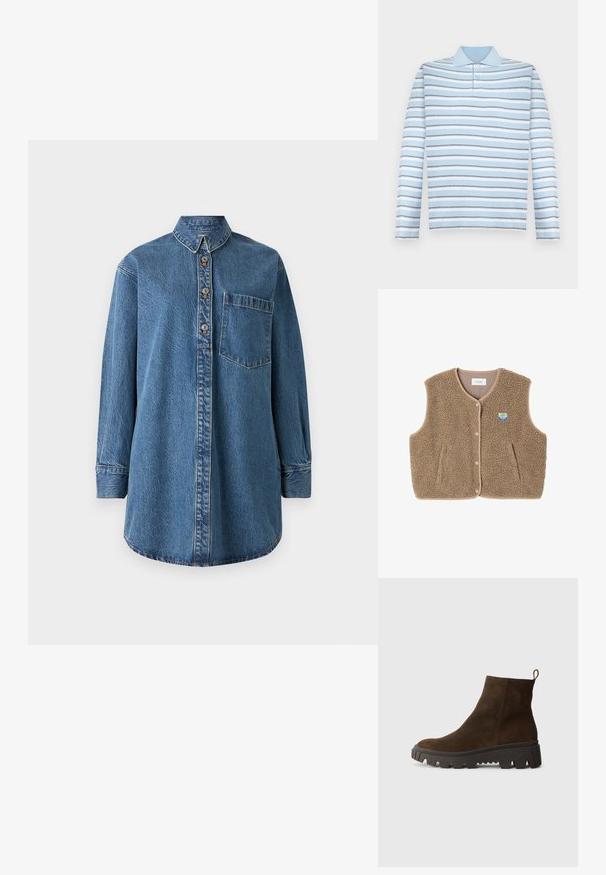 Rudas pūkų liemenė su minkšta tekstūra, suapvalintu apykakle, priekiniais spaudžiamaisiais užtrauktukais ir šoninėmis kišenėmis; turi mažą logotipo etikėtę.; Vidutinio mėlynumo džinsinė marškinė su ilgomis rankovėmis, mygtukų užsegimu, smailiu apykakle ir krūtine kišenė. Yra matomi siuvinėjimo akcentai.; Šviesiai mėlynas ilgomis rankovėmis polo marškinėliai su horizontaliomis pilkomis ir baltomis juostelėmis bei apykakle.; Rudos zomšiniai auliniai batai su masyvi juoda guminėmis padais, turintys šiek tiek pakylą ir kilpą gale, kad būtų lengva užsidėti.; Žalia suedinė rankinė su minkšta tekstūra, laisvu dizainu ir siuvinėtomis siūlėmis. Yra viena rankena ir atvira pagrindinė erdvė.