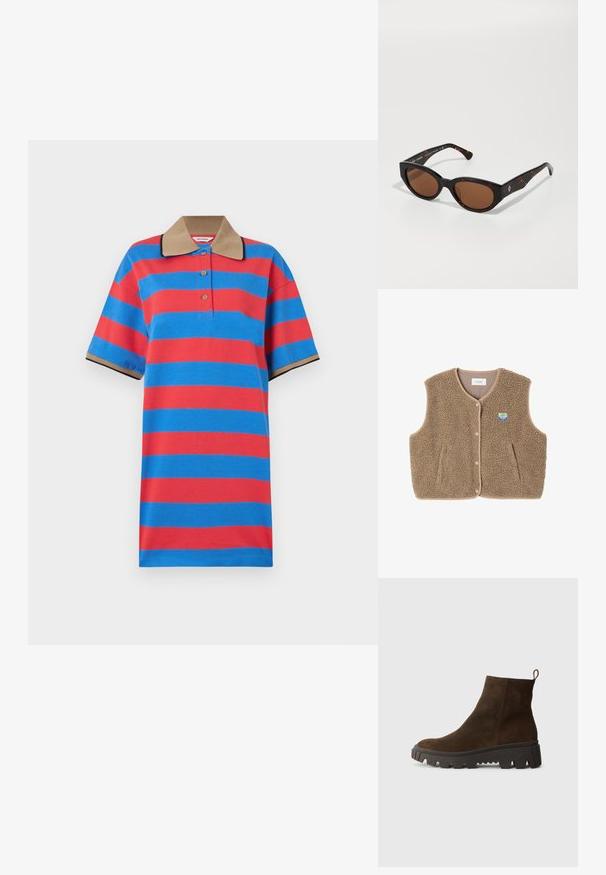 Bruine fleece vest met een zachte textuur, ronde halslijn, sluiting met drukknoop aan de voorkant en zijzakken; heeft een kleine logo patch.; Marimekko REFERENSSI - Jurk - blue/red; Bruine suède enkellaars met een stevige zwarte rubberen zool, voorzien van een lichte hak en een trekband aan de achterkant voor eenvoudig aan- en uittrekken.; Zwarte schildpadvormige zonnebril met bruine lenzen, hoekig ontwerp en brede armen met een subtiele logo-detail. Soepele kunststof textuur.