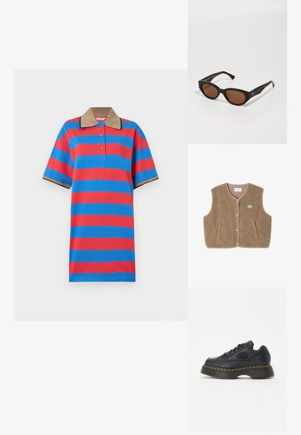 Gilet in felpa marrone con una texture morbida, scollo rotondo, chiusura frontale con bottoni a pressione e tasche laterali; presenta un piccolo logo ricamato.; Marimekko REFERENSSI - Vestito casual - blue/red; Sneaker in pelle nera con finitura texturizzata, punta rotonda e suola piatta spessa. Presenta cuciture di accento giallo e logo laterale del marchio.; Occhiali da sole tartarugati neri con lenti marroni, design angolare e aste larghe con un discreto logo. Texture in plastica liscia.