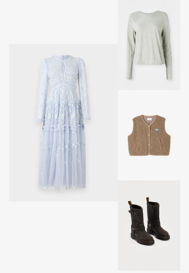 Brązowa kamizelka z polaru o miękkiej fakturze, z okrągłym dekoltem, z przodu na zatrzaski oraz z bocznymi kieszeniami; zawiera małą naszywkę z logo.; Needle & Thread AUTUMN jasnoniebieski; Jasnoszara koszula z długim rękawem, wykonana z miękkiego materiału, z okrągłym dekoltem i luźnym krojem. Szczegóły szwów po bokach.; Ciemnobrązowe skórzane buty z projektu do połowy łydki, żółte szwy, regulowane paski z klamrami oraz pętle do zakupu na górze. Teksturowane wykończenie.