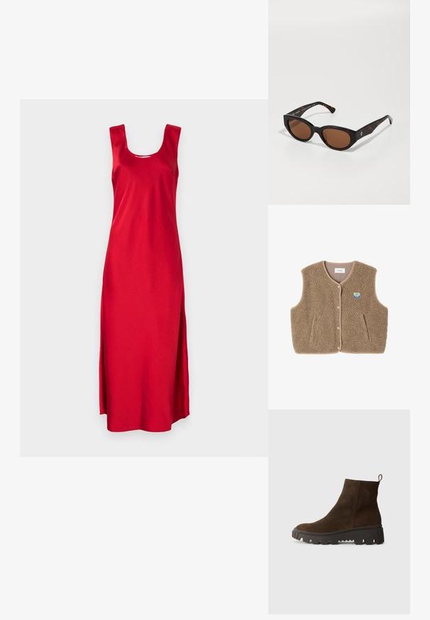 Brūns flīsa žakets ar mīkstu tekstūru, noapaļotu kakla izgriezumu, priekšējo spiedpogu aizdari un sānu kabatām; tam ir maza logo uzšuve.; Sarkans, bezpiedurkņu maksikleita ar kvadrātveida dekoltē un sānu šķietām. Izgatavota no gludas auduma, izceļot vienkāršu, plūstošu dizainu.; Brūna zamšādas potīšu zābaks ar masīvu melnu gumijas zoli, ar vieglu papēdi un cilpu aizmugurē, kas nodrošina vieglu uzvilkšanu.; Melnas bruņurupuču stila saulesbrilles ar brūniem stikliem, leņķveida dizains un platas kājas ar smalku logo detaļu. Gluda plastmasas tekstūra.