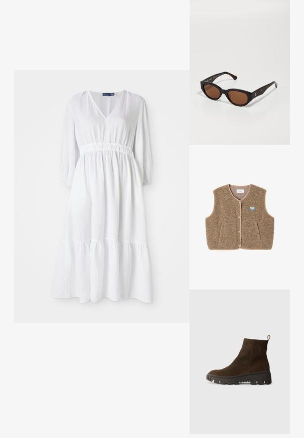 Rudas pūkų liemenė su minkšta tekstūra, suapvalintu apykakle, priekiniais spaudžiamaisiais užtrauktukais ir šoninėmis kišenėmis; turi mažą logotipo etikėtę.; Pilkas megztinis su laisva silueto forma ir raukšlėta apdaila, derinamas su smėlio spalvos kelnių su užvyniotais kraštais ir juodais batais. Lygus tekstūras, minimalistiškas dizainas.; Balta suknelė su V formos iškirpte, elastingu juosmeniu ir trimis ketvirtadaliais rankovėmis. Yra sluoksniuotas nėriniuotas apatinis kraštas ir tekstūruota medžiaga.; Rudos zomšiniai auliniai batai su masyvi juoda guminėmis padais, turintys šiek tiek pakylą ir kilpą gale, kad būtų lengva užsidėti.; Juodos tortoiseshell tipo saulės akinių su rudu stiklu, kampuota forma ir platesnėmis rankenomis, su subtiliu logotipo akcentu. Lygus plastiko paviršius.