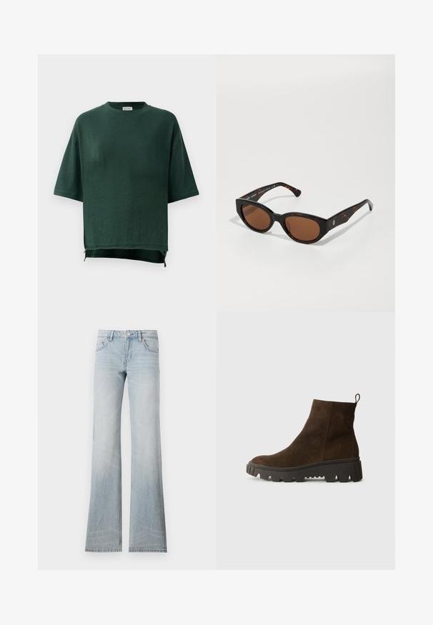 Hnědá fleecová vesta s jemnou texturou, kulatým výstřihem, předním zapínáním na patentky a bočními kapsami; má malou nášivku s logem.; Šedý svetr s volným střihem a žebrovaným lemem, doplněný béžovými kalhotami s ohrnutými nohavicemi a černými botami. Hladká textura, minimalistický design.; Tmavě zelené nadměrné tričko s krátkým rukávem a kulatým výstřihem, s mírně delším zadním lemem a bočními rozparky.; Světle modré zvonové džínsy s bledým provedením, pěti kapsami a zapínáním na knoflík. Tkanina má hladkou texturu a mírnou pružnost.; Hnědé semišové kotníkové boty s masivní černou gumovou podrážkou, s mírným podpatkem a s poutkem na zadní straně pro snadné obouvání.; Černé želvovinové sluneční brýle s hnědými skly, ostrý design a široké strany s decentním logem. Hladký plastový povrch.
