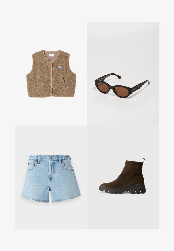 Gilet in felpa marrone con una texture morbida, scollo rotondo, chiusura frontale con bottoni a pressione e tasche laterali; presenta un piccolo logo ricamato.; Maglione grigio con una vestibilità morbida e orlo a costine, abbinato a pantaloni beige con risvolto e scarpe nere. Tessuto liscio, design minimalista.; Shorts in denim azzurro chiaro con un classico design a cinque tasche, dettagli cuciti e orlo grezzo. Presentano un bottone metallico e chiusura con zip.; Stivaletto in camoscio marrone con suola in gomma nera chunky, caratterizzato da un leggero tacco e una linguetta sul retro per una facile calzata.; Occhiali da sole tartarugati neri con lenti marroni, design angolare e aste larghe con un discreto logo. Texture in plastica liscia.; Borsa a spalla in suede verde con texture morbida, design morbido e cuciture a vista. Presenta una maniglia singola e un scomparto principale aperto.