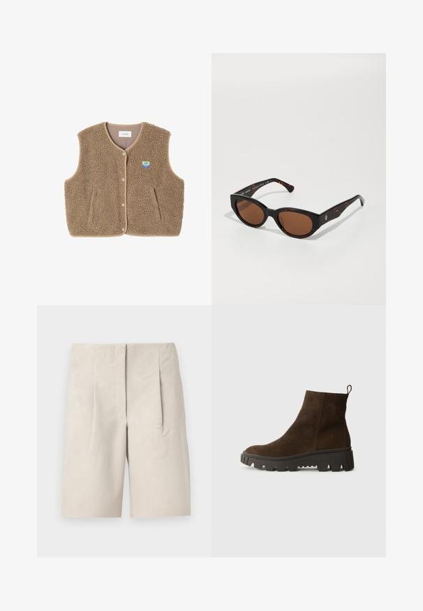 Brauner Fleece-Weste mit weicher Textur, runder Ausschnitt, vorderer Druckverschluss und Seitentaschen; verfügt über ein kleines Logo-Patch.; Grauer Pullover mit lockerer Passform und geripptem Saum, kombiniert mit beigen, hochgekrempelten Hosen und schwarzen Schuhen. Glatte Textur, minimalistisches Design.; Beige Wildleder-Shorts mit lockerer Passform, ausgestattet mit zwei Frontfalten und einem schlichten Bunddesign. Glatte Textur, in der Mitte des Oberschenkels.; Braune Wildleder-Ankle-Boots mit einer stabilen schwarzen Gummisohle, leichtem Absatz und einer Schlaufe auf der Rückseite für einfaches Anziehen.; Schwarze Schildpatt-Sonnenbrille mit braunen Gläsern, eckigem Design und breiten Bügeln, die ein dezentes Logo-Detail aufweisen. Glatte Kunststoffoberfläche.