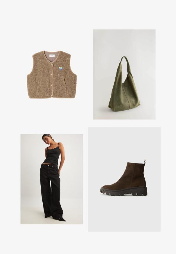 Pruun fliistekampsun pehmea tekstuuriga, ümar kaelus, eesnööbiga sulgemine ja küljetaskud; sisaldab väikest logo silti.; Hallide hallikas sviiter, millel on lahtine lõige ja soonikserv, on kombineeritud beežide pitsitud pükste ja mustade kingadega. Sujuv tekstuur, minimaliseeritud disain.; Mustad laiad mustad teksapüksid, mis on valmistatud denimist, millel on kõrge vöökoht, ees taskud ja hõbedased detailid. Sobitatud liibuvate mustade T-särkidega.; Pruun nahast pahkluu saabas, millel on tugev must kummitald, kerge konts ja tagumine tõmbetöödeldud osa, mis muudab selga panemise lihtsamaks.; Roheline sametist kott pehme tekstuuri, lõdva disaini ja õmmeldud õmblustega. Omab ühte sangast ja avatud peamist ruumi.