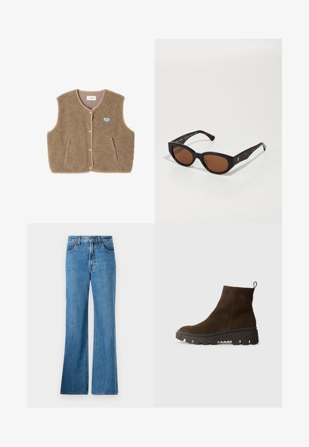 Brūns flīsa žakets ar mīkstu tekstūru, noapaļotu kakla izgriezumu, priekšējo spiedpogu aizdari un sānu kabatām; tam ir maza logo uzšuve.; Pelēks džemperis ar brīvu piegriezumu un ribotām malām, savienots ar beidzot biksēm un melniem apaviem. Gluda tekstūra, minimālistisks dizains.; Gaiši zili džinsu flared bikses ar augstu jostas vietu, priekšējām kabatām un klasisku šuvumu. Audumam ir struktūrēta virsma.; Brūna zamšādas potīšu zābaks ar masīvu melnu gumijas zoli, ar vieglu papēdi un cilpu aizmugurē, kas nodrošina vieglu uzvilkšanu.; Melnas bruņurupuču stila saulesbrilles ar brūniem stikliem, leņķveida dizains un platas kājas ar smalku logo detaļu. Gluda plastmasas tekstūra.; Zaļš zamšādas rokassoma ar mīkstu tekstūru, vaļīgu dizainu un šūtām šuvēm. Iespējo viena roktura un atvērtu galveno nodalījumu.