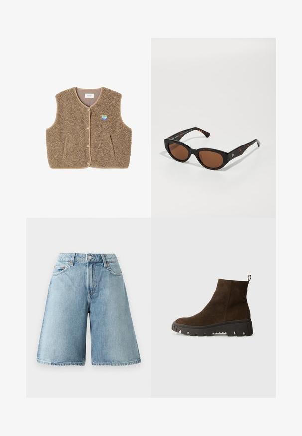 Bruine fleece vest met een zachte textuur, ronde halslijn, sluiting met drukknoop aan de voorkant en zijzakken; heeft een kleine logo patch.; Grijze trui met een losse pasvorm en geribde onderrand, gecombineerd met beige omgeslagen broeken en zwarte schoenen. Soepele textuur, minimalistisch ontwerp.; Lichtblauwe denim shorts met een losse pasvorm, middelhoog taille, vijf zakken en contrasterende stikdetails. De stof heeft een zachte textuur.; Bruine suède enkellaars met een stevige zwarte rubberen zool, voorzien van een lichte hak en een trekband aan de achterkant voor eenvoudig aan- en uittrekken.; Zwarte schildpadvormige zonnebril met bruine lenzen, hoekig ontwerp en brede armen met een subtiele logo-detail. Soepele kunststof textuur.