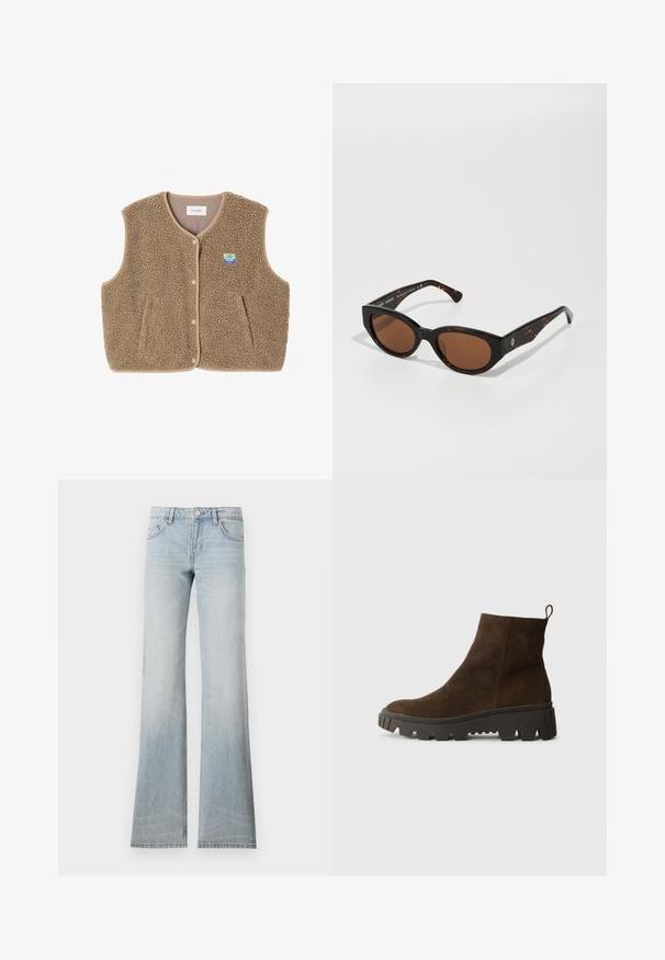 Brown fleece vest with a soft texture, rounded neckline, front snap closure, and side pockets; features a small logo patch.; Gray sweater with a loose fit and ribbed hem, paired with beige cuffed trousers and black shoes. Smooth texture, minimalistic design.; Light blue denim flared jeans with a faded finish, five pockets, and a button closure. The fabric has a smooth texture and slight stretch.; Brown suede ankle boot with a chunky black rubber sole, featuring a slight heel and a pull tab at the back for easy wear.; Black tortoiseshell sunglasses with brown lenses, angular design, and wide arms featuring a subtle logo detail. Smooth plastic texture.