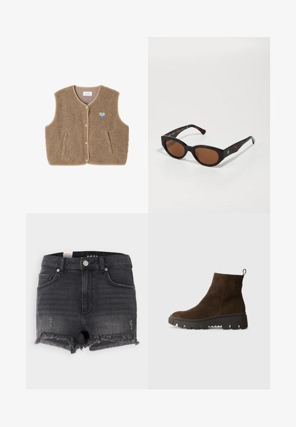 Brown fleece vest with a soft texture, rounded neckline, front snap closure, and side pockets; features a small logo patch.; Gray sweater with a loose fit and ribbed hem, paired with beige cuffed trousers and black shoes. Smooth texture, minimalistic design.; Black denim shorts with a frayed hem, distressed detailing, and a metal button closure. Features a classic design and five-pocket style.; Brown suede ankle boot with a chunky black rubber sole, featuring a slight heel and a pull tab at the back for easy wear.; Black tortoiseshell sunglasses with brown lenses, angular design, and wide arms featuring a subtle logo detail. Smooth plastic texture.; Green suede tote bag with soft texture, slouchy design, and stitched seams. Features a single handle and open main compartment.