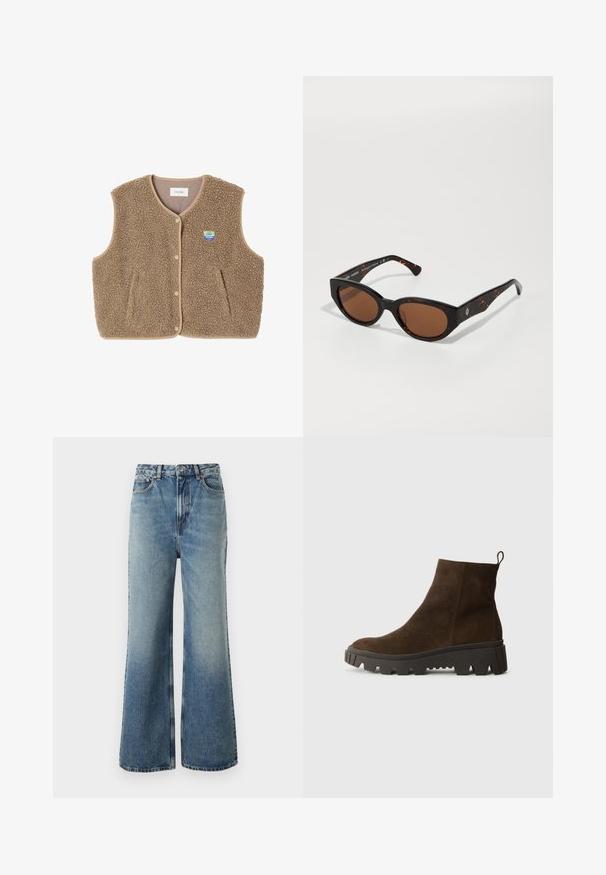 Brūns flīsa žakets ar mīkstu tekstūru, noapaļotu kakla izgriezumu, priekšējo spiedpogu aizdari un sānu kabatām; tam ir maza logo uzšuve.; Pelēks džemperis ar brīvu piegriezumu un ribotām malām, savienots ar beidzot biksēm un melniem apaviem. Gluda tekstūra, minimālistisks dizains.; Gai zila džinsa bikses ar augstu jostasvietu, plašām kājām, nelielu izbalēšanu un kontrastējošu diegu; satur priekšējās kabatas un pogas aizdari.; Brūna zamšādas potīšu zābaks ar masīvu melnu gumijas zoli, ar vieglu papēdi un cilpu aizmugurē, kas nodrošina vieglu uzvilkšanu.; Melnas bruņurupuču stila saulesbrilles ar brūniem stikliem, leņķveida dizains un platas kājas ar smalku logo detaļu. Gluda plastmasas tekstūra.