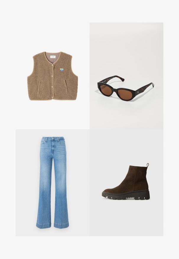 Hnedý fleecový vest s mäkkou štruktúrou, okrúhlym výstrihom, predným zapínaním na cvoky a bočnými vreckami; obsahuje malé logom.; Sivý sveter s voľným strihom a rebrovaným lemom, doplnený béžovými nohavicami s manžetami a čiernymi topánkami. Hladká textúra, minimalistický dizajn.; Svetlo modré široké nohavice z denimu s vysokým pásom. Majú zapínanie na gombíky, minimálne vyblednutie a zvinuté manžety na leme.; Hnedé semišové členkové topánky s hrubou čiernou gumovou podrážkou, s mierne zvýšeným opätkom a s pútkom na zadnej strane pre jednoduché obliekanie.; Čierne korytnačkovité slnečné okuliare s hnedými sklami, s ostrým dizajnom a širokými ramenami, obsahujúcimi jemný detail loga. Hladký plastový povrch.; Zelená semišová taška s mäkkou textúrou, uvoľneným dizajnom a prešitými švami. Zahrnuje jeden popruh a otvorenú hlavnú priehradku.