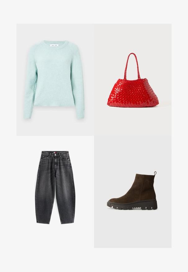 Rjav flis brezrokavnik z mehko teksturo, okroglim ovratnikom, sprednjim zapiranjem na pritiskače in stranskimi žepe; ima majhen logotip.; Pulover svetlo mete zelene barve, narejen iz mehkega, strukturiranega blaga. Ima okroglo ovratnico in rebraste manšete. Klasičen kroj z raglan rokavi.; Črne kavbojke z visokim pasom in sproščenim krojem, ki vsebujejo pet žepov, zanke za pas in oznako blagovne znamke na pasu.; Rjavi zamšasti gležnjarji z debelim črnim gumijastim podplatom, ki imajo rahlo peto in zanka na hrbtni strani za lažno obuvanje.; Rdeča pletena torbica z sijočo površino, ki ima pletene ročaje. Edinstvena trikotna oblika in teksturirana površina z gostim vzorcem.