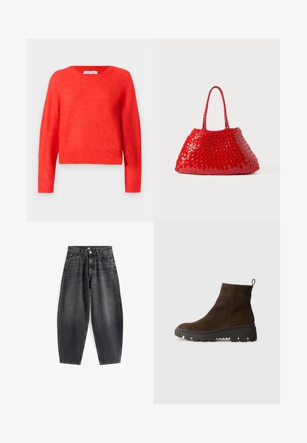 Brūns flīsa žakets ar mīkstu tekstūru, noapaļotu kakla izgriezumu, priekšējo spiedpogu aizdari un sānu kabatām; tam ir maza logo uzšuve.; Sarkans, apgriezts džemperis, izgatavots no mīksta materiāla. Apaļš izgriezums, garas piedurknes un ribotā apakšdaļa. Nedaudz teksturēta virsma.; Augstās jostas melni džinsi ar brīvu piegriezumu, ar piecām kabatām, jostas cilpiņām un ar zīmola logotipu jostas daļā.; Brūna zamšādas potīšu zābaks ar masīvu melnu gumijas zoli, ar vieglu papēdi un cilpu aizmugurē, kas nodrošina vieglu uzvilkšanu.; Sarkans austs rokassoma ar spīdīgu apdari, ar pītām rokturiem. Ievērojama trīsstūra forma un teksturēta virsma ar blīvu rakstu.