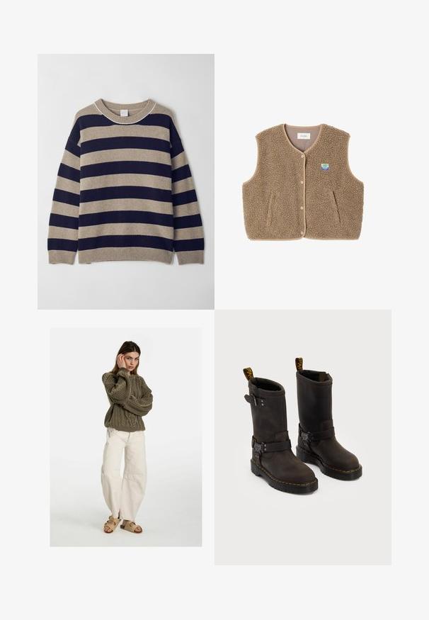 Rjav flis brezrokavnik z mehko teksturo, okroglim ovratnikom, sprednjim zapiranjem na pritiskače in stranskimi žepe; ima majhen logotip.; Prugasta jopica v bež in mornarsko modri barvi, izdelana iz mehke tkanine. Ima okroglo ovratnik, spuščena ramena ter rebraste manšete in rob.; Free People GOOD LUCK MID RISE BARREL - Široke kavbojke - beige; Temno rjave usnjene čevlje s srednje dolgim dizajnom, rumenimi šivi, nastavljivimi sponkami in zanka za vlečenje na vrhu. Tekstura na površini.