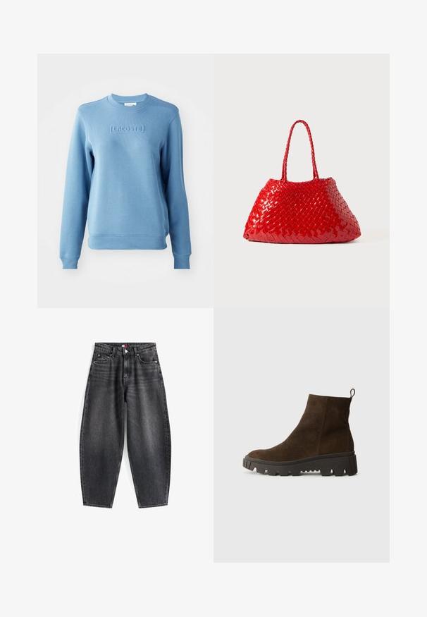 Bruine fleece vest met een zachte textuur, ronde halslijn, sluiting met drukknoop aan de voorkant en zijzakken; heeft een kleine logo patch.; Lichtblauwe sweatshirt met geribbelde ronde halslijn en lange mouwen. Bevat een reliëf "LACOSTE" logo aan de voorkant en een gestructureerde stof.; Hoge taille zwarte denim jeans met een relaxed fit, voorzien van vijf zakken, riemlussen en een merklabel op de tailleband.; Bruine suède enkellaars met een stevige zwarte rubberen zool, voorzien van een lichte hak en een trekband aan de achterkant voor eenvoudig aan- en uittrekken.; Rode geweven handtas met glanzende afwerking, voorzien van gevlochten handvatten. Kenmerkende driehoekige vorm en gestructureerd oppervlak met een strak patroon.