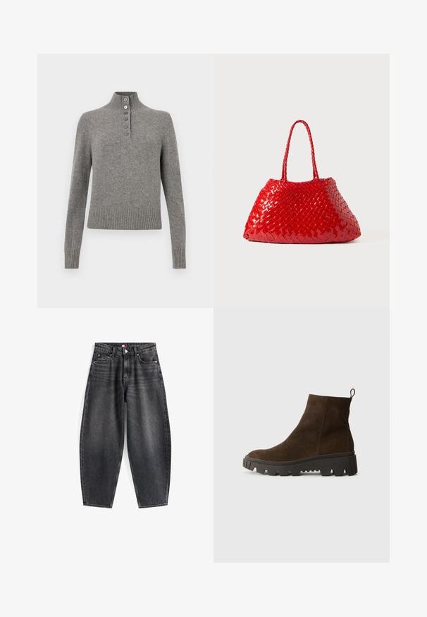 Ruskea fleece-liivi, jossa on pehmeä rakenne, pyöreä kaula-aukko, edessä nappisuljenta ja sivutaskut; sisältää pienen logopatchin.; Harmaa neulepusero, jossa on korkea ribbikaarroke, osittainen napitus sekä ribbireuna ja hihansuut, jotka antavat kapean ilmeen.; Korkeavyötäröiset mustat farkut rentoon istuvuuteen, joissa on viisi taskua, vyölenkit ja merkkilabel vyötäröllä.; Ruskoharmaa nahkasaapas nilkkoihin, jossa on paksu musta kumipohja, hieno korko ja vetotappi takana helppoa pukemista varten.; Punottu punainen käsilaukku kiiltävällä pinnalla, jossa on letitetyt kahvat. Erityinen kolmiomainen muoto ja karheus tiheällä pinnalla.