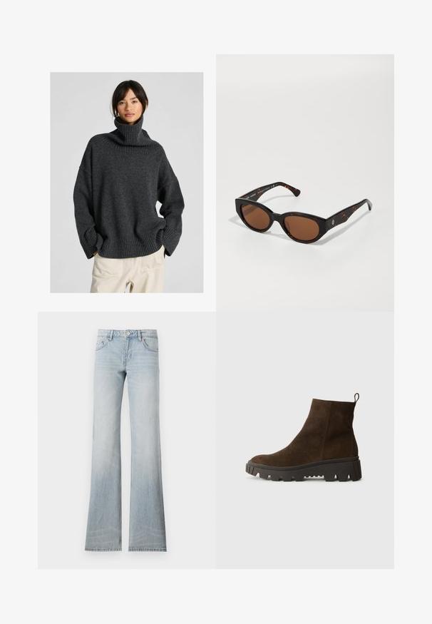 Hnědá fleecová vesta s jemnou texturou, kulatým výstřihem, předním zapínáním na patentky a bočními kapsami; má malou nášivku s logem.; Přetékající tmavě šedý rolák se žebrovaným výstřihem a manžetami, vyrobený z měkkého pleteného materiálu, s kleslými rameny a uvolněným střihem.; Světle modré zvonové džínsy s bledým provedením, pěti kapsami a zapínáním na knoflík. Tkanina má hladkou texturu a mírnou pružnost.; Hnědé semišové kotníkové boty s masivní černou gumovou podrážkou, s mírným podpatkem a s poutkem na zadní straně pro snadné obouvání.; Černé želvovinové sluneční brýle s hnědými skly, ostrý design a široké strany s decentním logem. Hladký plastový povrch.