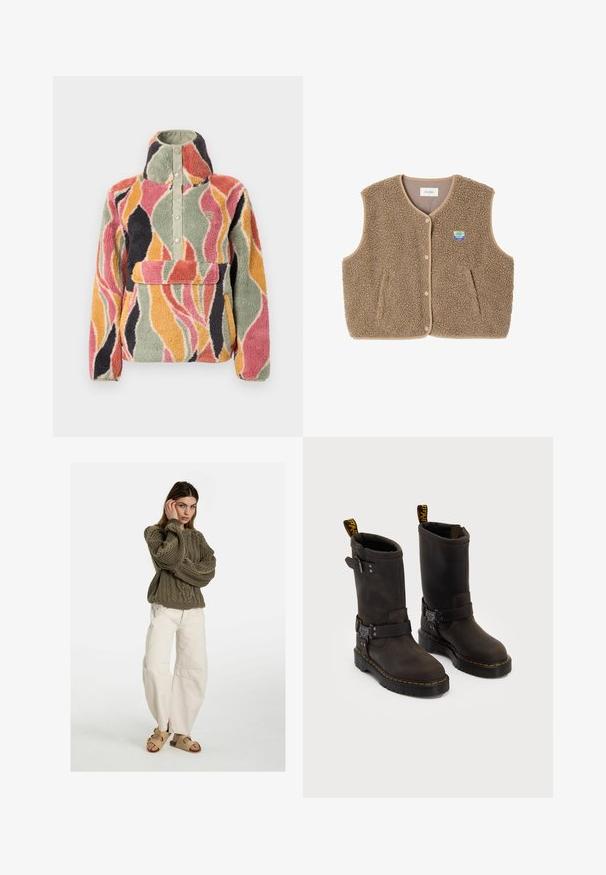 Brown fleece vest with a soft texture, rounded neckline, front snap closure, and side pockets; features a small logo patch.; Fleece pullover with a high collar and snap button closure. Features a wavy multicolor pattern in pink, green, orange, and black.; Free People GOOD LUCK MID RISE BARREL - Relaxed fit jeans - beige; Dark brown leather boots with a mid-calf design, yellow stitching, adjustable buckle straps, and pull tabs on the top. Textured finish.