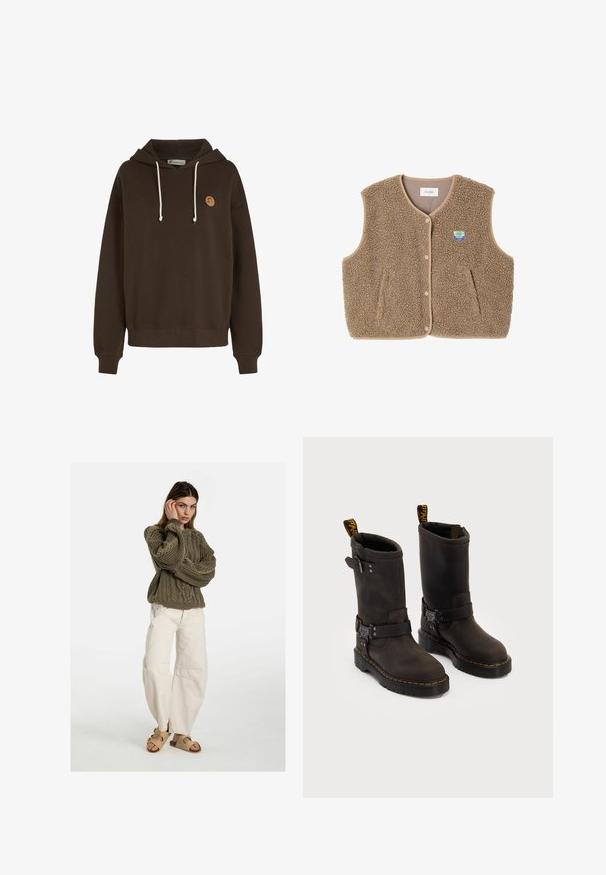 Gilet en polaire marron avec une texture douce, encolure ronde, fermeture à pression à l'avant et poches latérales ; présente un petit patch logo.; Hoodie en coton marron avec cordons de serrage réglables, poignets côtelés et un petit logo brodé à l'avant. Design confortable et décontracté.; Free People GOOD LUCK MID RISE BARREL - Jean boyfriend - beige; Bottes en cuir marron foncé au design mi-mollet, avec des coutures jaunes, des sangles à boucle réglables et des tirettes en haut. Fini texturé.