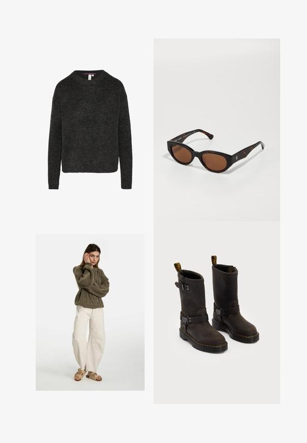 Brown fleece vest with a soft texture, rounded neckline, front snap closure, and side pockets; features a small logo patch.; Dark grey knitted sweater with a round neckline and long sleeves. Features a ribbed texture and a straight hem. Casual fit.; Free People GOOD LUCK MID RISE BARREL - Relaxed fit jeans - beige; Dark brown leather boots with a mid-calf design, yellow stitching, adjustable buckle straps, and pull tabs on the top. Textured finish.; Black tortoiseshell sunglasses with brown lenses, angular design, and wide arms featuring a subtle logo detail. Smooth plastic texture.
