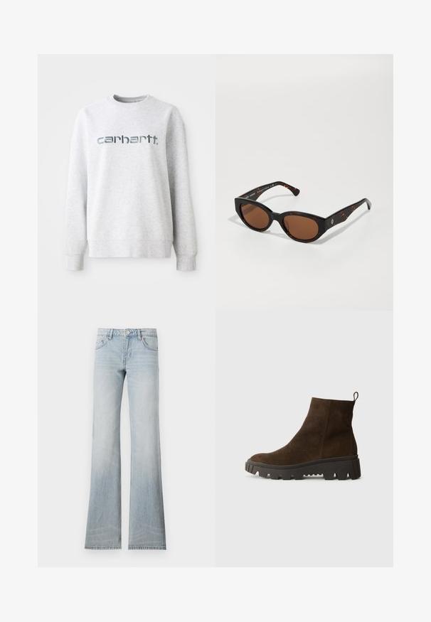 Brauner Fleece-Weste mit weicher Textur, runder Ausschnitt, vorderer Druckverschluss und Seitentaschen; verfügt über ein kleines Logo-Patch.; Grauer Baumwollpullover mit Rundhals-Ausschnitt, gerippten Bündchen und einem großen, reflektierenden "Carhartt"-Logo auf der Vorderseite.; Helle blauen, ausgestellten Jeans aus Denim mit einem verblassten Finish, fünf Taschen und einem Knopfverschluss. Der Stoff hat eine glatte Textur und einen leichten Stretch.; Braune Wildleder-Ankle-Boots mit einer stabilen schwarzen Gummisohle, leichtem Absatz und einer Schlaufe auf der Rückseite für einfaches Anziehen.; Schwarze Schildpatt-Sonnenbrille mit braunen Gläsern, eckigem Design und breiten Bügeln, die ein dezentes Logo-Detail aufweisen. Glatte Kunststoffoberfläche.; Grüne Wildleder-Totes Tasche mit weicher Textur, lässigem Design und gesteppten Nähten. Sie verfügt über einen einzelnen Griff und ein offenes Hauptfach.