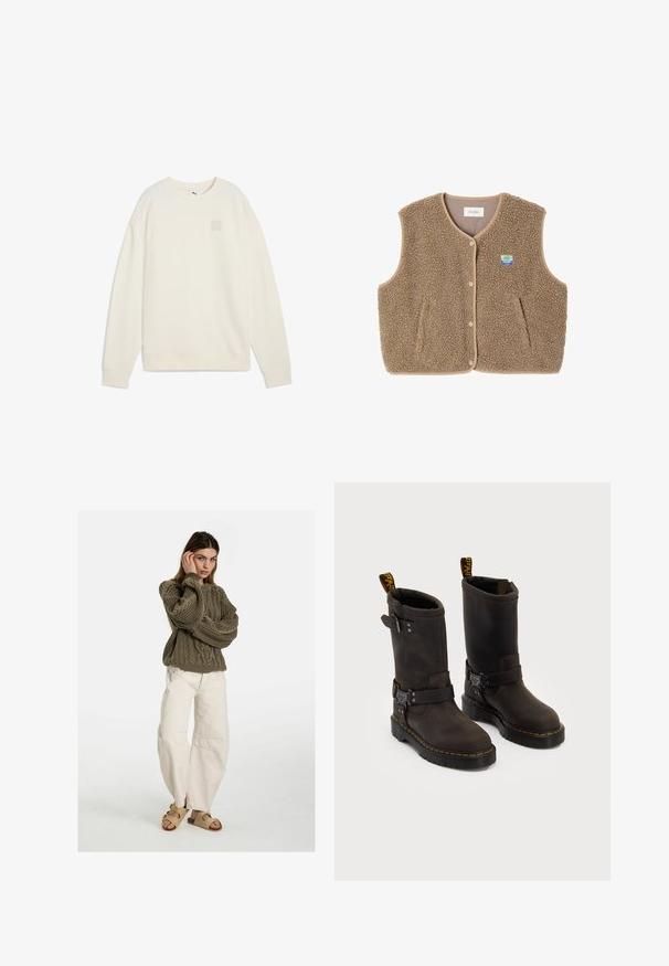 Brown fleece vest with a soft texture, rounded neckline, front snap closure, and side pockets; features a small logo patch.; Cream-colored sweatshirt made of soft fabric. Features a round neck, long sleeves, and a small logo in a square on the chest.; Free People GOOD LUCK MID RISE BARREL - Relaxed fit jeans - beige; Dark brown leather boots with a mid-calf design, yellow stitching, adjustable buckle straps, and pull tabs on the top. Textured finish.