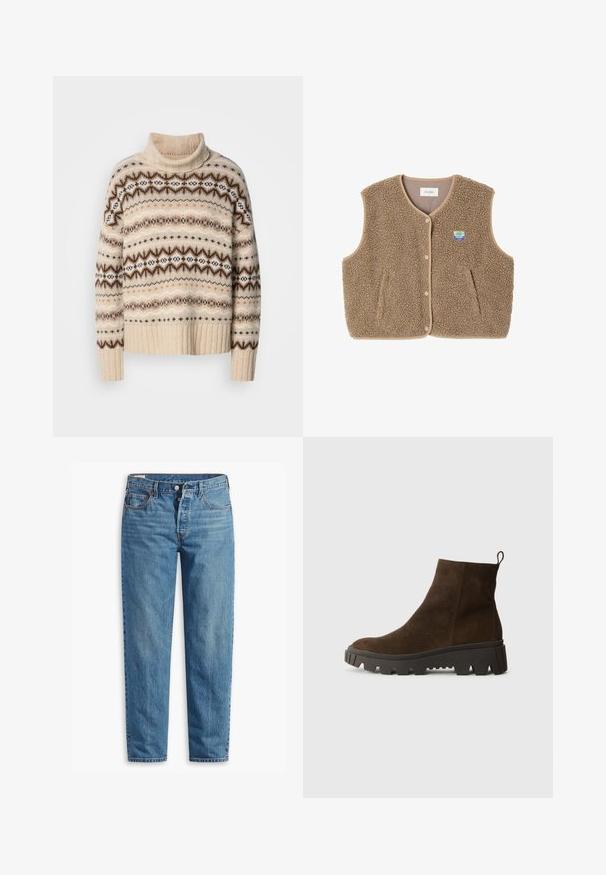 Brown fleece vest with a soft texture, rounded neckline, front snap closure, and side pockets; features a small logo patch.; Beige turtleneck sweater with a ribbed hem. Features a geometric pattern in browns and whites, highlighting varying textures and warm tones.; Blue denim jeans with a straight-leg fit, featuring a zip fly, two front pockets, and subtle fading throughout the fabric.; Brown suede ankle boot with a chunky black rubber sole, featuring a slight heel and a pull tab at the back for easy wear.