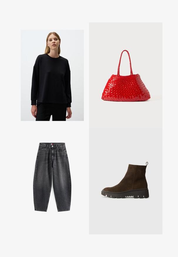 Gilet in felpa marrone con una texture morbida, scollo rotondo, chiusura frontale con bottoni a pressione e tasche laterali; presenta un piccolo logo ricamato.; Felpa nera con maniche lunghe, scollatura a costine, vestibilità comoda, texture morbida e design minimalista. Indossata con pantaloni neri.; Jeans in denim nero a vita alta con una vestibilità rilassata, dotati di cinque tasche, passanti per la cintura e un'etichetta del marchio sulla cintura.; Stivaletto in camoscio marrone con suola in gomma nera chunky, caratterizzato da un leggero tacco e una linguetta sul retro per una facile calzata.; Borsa intrecciata rossa con finitura lucida, dotata di manici intrecciati. Forma triangolare distintiva e superficie testurizzata con un motivo fitto.