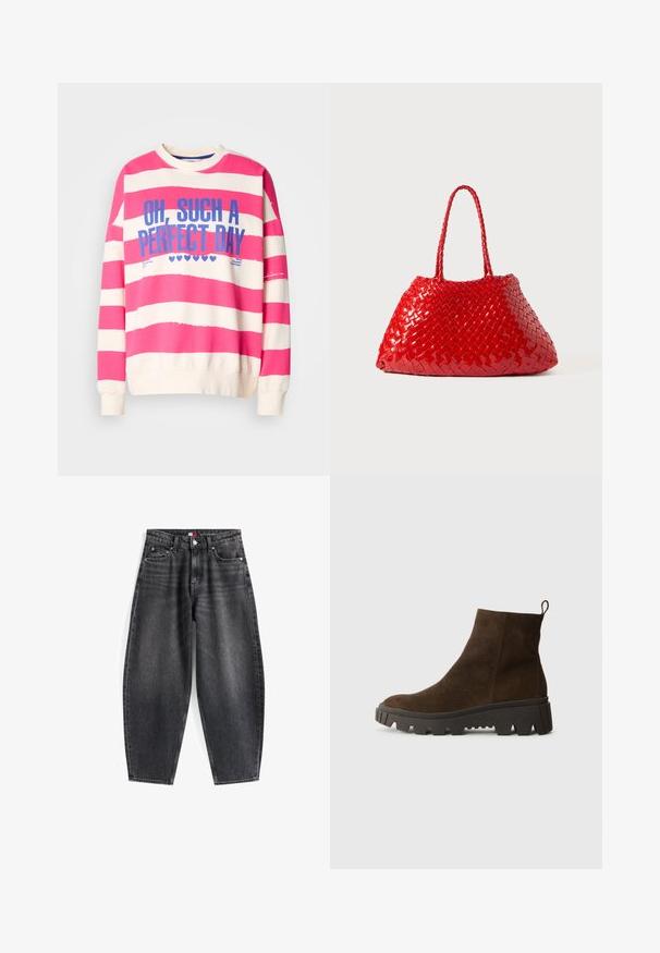 Brown fleece vest with a soft texture, rounded neckline, front snap closure, and side pockets; features a small logo patch.; Pink and white striped sweatshirt with a round neck, long sleeves, and blue text reading "OH, SUCH A PERFECT DAY." Soft cotton material.; High-waisted black denim jeans with a relaxed fit, featuring five pockets, belt loops, and a branded waistband label.; Brown suede ankle boot with a chunky black rubber sole, featuring a slight heel and a pull tab at the back for easy wear.; Red woven handbag with glossy finish, featuring braided handles. Distinctive triangular shape and textured surface with a tight pattern.