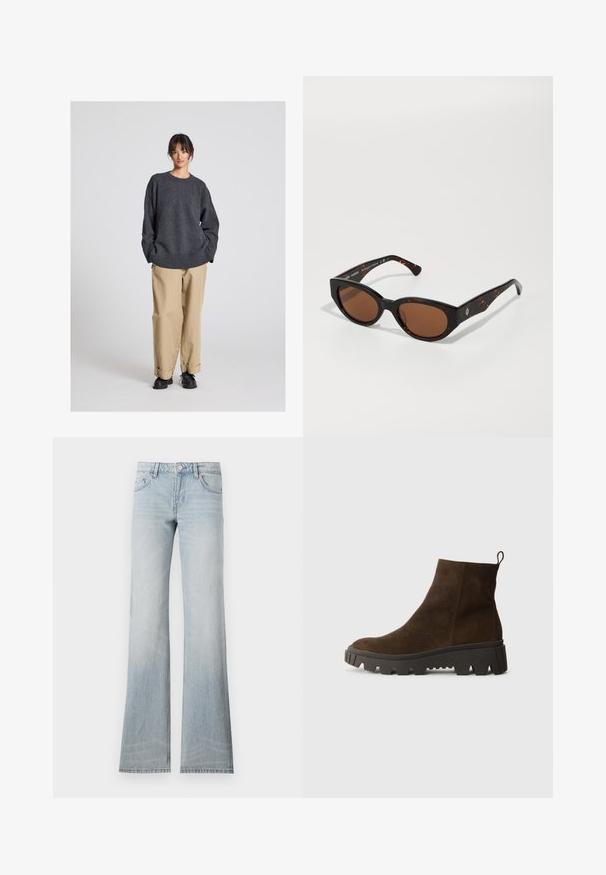 Pruun fliistekampsun pehmea tekstuuriga, ümar kaelus, eesnööbiga sulgemine ja küljetaskud; sisaldab väikest logo silti.; Hallide hallikas sviiter, millel on lahtine lõige ja soonikserv, on kombineeritud beežide pitsitud pükste ja mustade kingadega. Sujuv tekstuur, minimaliseeritud disain.; Heledad sinine denimist flared teksad, tuhmumisega viimistlusega, viie taskuga ja nööbiga sulgemine. Kanga tekstuur on sile ja veidi elastne.; Pruun nahast pahkluu saabas, millel on tugev must kummitald, kerge konts ja tagumine tõmbetöödeldud osa, mis muudab selga panemise lihtsamaks.; Mustmustritsiga pruunide läätsedega mustad oresti päikeseprillid, nurkadega disain ja laiad käised, millel on peen logo detail. Sile plastist tekstuur.; Roheline sametist kott pehme tekstuuri, lõdva disaini ja õmmeldud õmblustega. Omab ühte sangast ja avatud peamist ruumi.