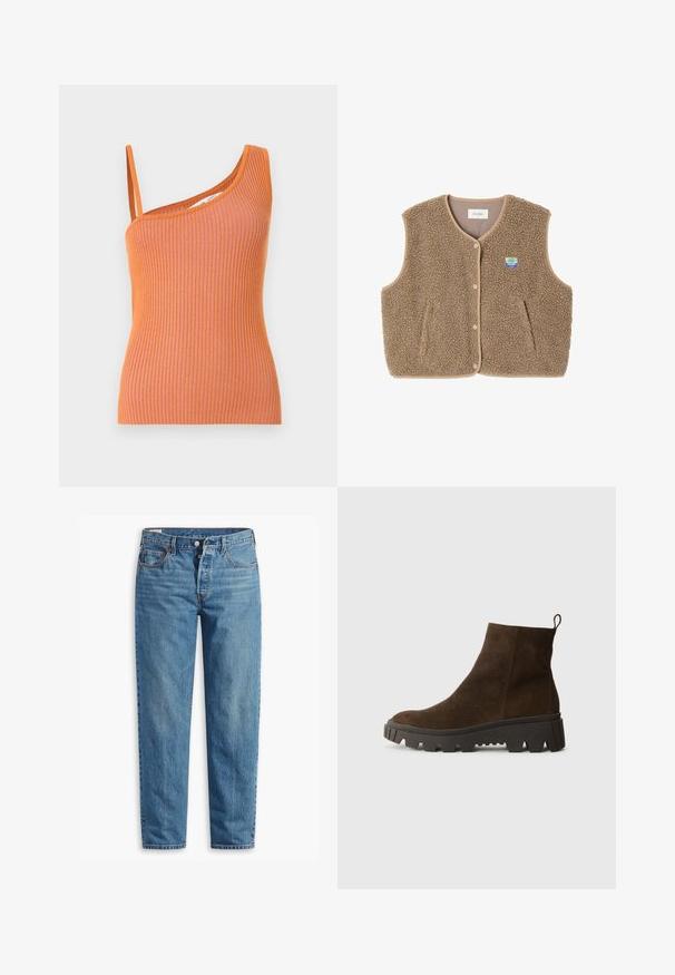 Brun fleece vest med en blød tekstur, rund halsudskæring, frontsnaplukning og sidelommer; har et lille logo patch.; Orange stribet tanktop med en enkelt skulderstrop, der har en tætsiddende silhuet og struktureret stof.; Blå denimjeans med lige ben, der har lynlås i gylpen, to forlommer og subtil falming over stoffet.; Brun ruskindsankelstøvle med en kraftig sort gummisål, der har en let hæl og en slip-in hækling for nem påklædning.