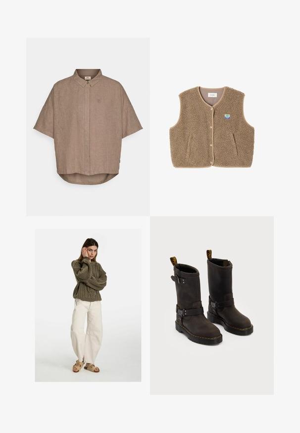 Hnědá fleecová vesta s jemnou texturou, kulatým výstřihem, předním zapínáním na patentky a bočními kapsami; má malou nášivku s logem.; Hnědá lněná košile s krátkým rukávem, s límcem na knoflíky, předním zapínáním a malým logem na levé straně. Zakřivený lem na spodní části.; Free People GOOD LUCK MID RISE BARREL - Džíny Relaxed Fit - beige; Tmavě hnědé kožené boty se středně dlouhým designem, žlutým prošíváním, nastavovacími přezkami a poutky na vršku. Texturovaný povrch.