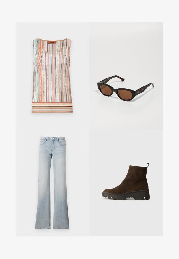 Brązowa kamizelka z polaru o miękkiej fakturze, z okrągłym dekoltem, z przodu na zatrzaski oraz z bocznymi kieszeniami; zawiera małą naszywkę z logo.; DZIANINOWA bezrękawnik z wielokolorowymi pionowymi paskami w pastelowych odcieniach, z okrągłym dekoltem i paskowanym wykończeniem w ziemistych tonacjach.; Jasnoniebieskie dżinsy dzwonowe z wyblakłym wykończeniem, pięcioma kieszeniami i zapięciem na guzik. Materiał ma gładką fakturę i lekką elastyczność.; Brązowy zamszowy botek za kostkę z masywną czarną gumową podeszwą, posiadający lekki obcas i pętelkę z tyłu ułatwiającą zakładanie.; Czarne okulary przeciwsłoneczne w tortoishell z brązowymi soczewkami, kanciasty design i szerokie oprawki z subtelnym logo. Gładka tekstura plastiku.; Zielona zamszowa torba typu tote o miękkiej fakturze, luźnym fasonie i przeszywanych szwach. Posiada jeden uchwyt oraz otwartą główną komorę.