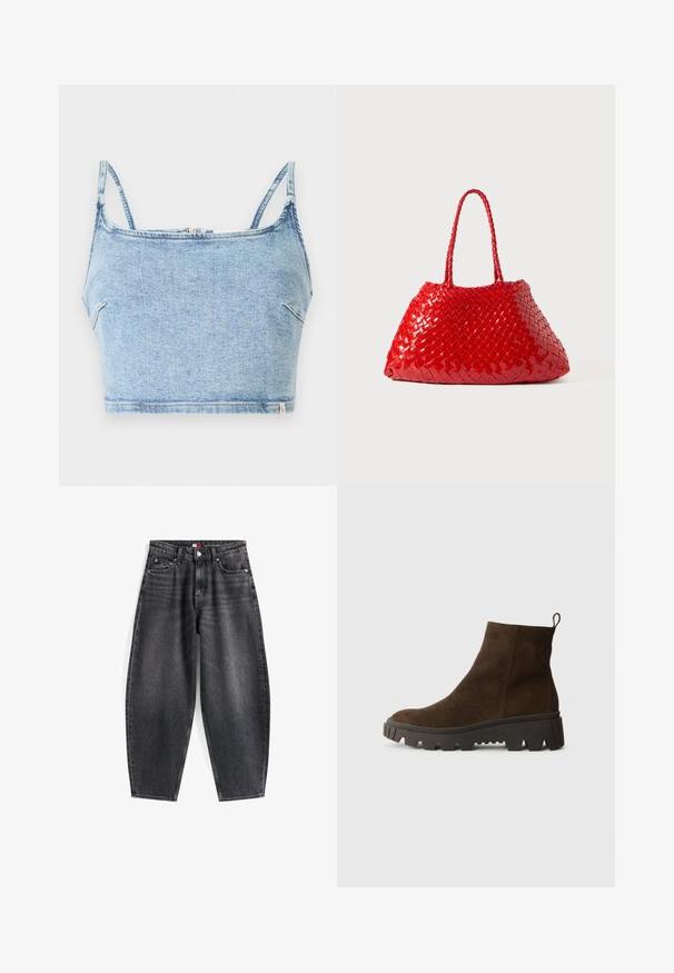 Rudas pūkų liemenė su minkšta tekstūra, suapvalintu apykakle, priekiniais spaudžiamaisiais užtrauktukais ir šoninėmis kišenėmis; turi mažą logotipo etikėtę.; Šviesiai mėlynas džinsinis trumpas viršus su plonais reguliuojamais diržais, turintis pašonės užtrauktuką ir lygią tekstūrą, sukurtas prigludusiam siluetui.; Aukštos liemens juodi džinsai su laisvu siluetu, kurie turi penkis kišenes, diržo kilpas ir prekės ženklo etiketę ant juosmens.; Rudos zomšiniai auliniai batai su masyvi juoda guminėmis padais, turintys šiek tiek pakylą ir kilpą gale, kad būtų lengva užsidėti.; Raudona pintinė rankinė su blizgiu paviršiumi, turinti pintas rankenas. Išskirtinė trikampė forma ir tekstūruotas paviršius su tankiu raštu.