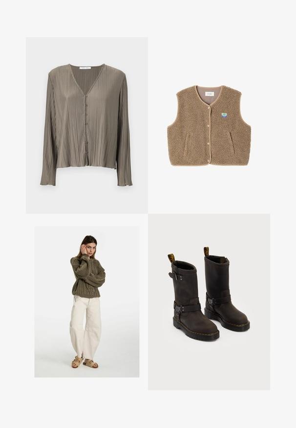 Gilet en polaire marron avec une texture douce, encolure ronde, fermeture à pression à l'avant et poches latérales ; présente un petit patch logo.; Blouse à manches longues plissée en vert olive, avec un décolleté en V et six boutons sur le devant. texture lisse et brillante.; Free People GOOD LUCK MID RISE BARREL - Jean boyfriend - beige; Bottes en cuir marron foncé au design mi-mollet, avec des coutures jaunes, des sangles à boucle réglables et des tirettes en haut. Fini texturé.