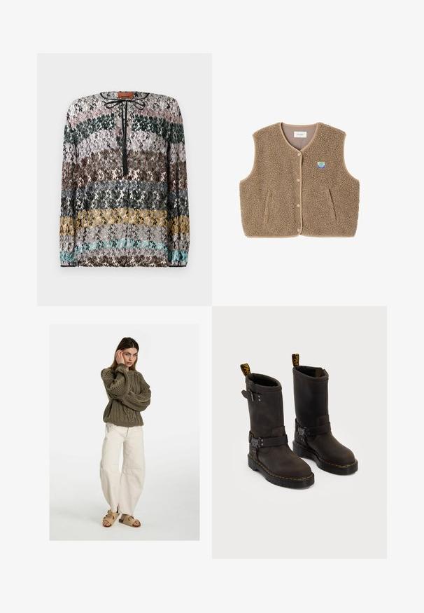 Brauner Fleece-Weste mit weicher Textur, runder Ausschnitt, vorderer Druckverschluss und Seitentaschen; verfügt über ein kleines Logo-Patch.; Langarmpullover mit horizontalen Zickzackstreifen in Schwarz, Pink, Grün, Braun, Grau, Gelb und Türkis, mit einem schwarzen Bindeband am Ausschnitt.; Free People GOOD LUCK MID RISE BARREL - Jeans Relaxed Fit - beige; Dunkelbraune Lederstiefel mit einem Design bis zur Mitte der Wade, gelben Nähten, verstellbaren Schnallenriemen und Zuglaschen oben. Strukturierte Oberfläche.