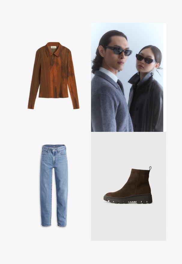 Brown fleece vest with a soft texture, rounded neckline, front snap closure, and side pockets; features a small logo patch.; Brown collared long-sleeve top with vertical stripes, featuring a keyhole detail at the neck and a slightly textured surface.; Light blue jeans made of denim, with a relaxed fit, straight leg, five-pocket design, and frayed hems for a casual look.; Brown suede ankle boot with a chunky black rubber sole, featuring a slight heel and a pull tab at the back for easy wear.; Sunglasses with angular black frames on model with a gray sweater, showcasing textured knit and a black leather jacket worn by another model.