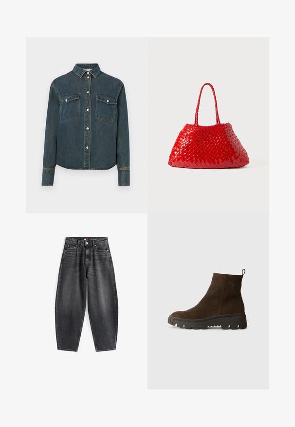 Gilet in felpa marrone con una texture morbida, scollo rotondo, chiusura frontale con bottoni a pressione e tasche laterali; presenta un piccolo logo ricamato.; Camicia in denim con colletto, maniche lunghe, due tasche sul petto e chiusura frontale con bottoni. colore blu scuro con texture sbiadita.; Jeans in denim nero a vita alta con una vestibilità rilassata, dotati di cinque tasche, passanti per la cintura e un'etichetta del marchio sulla cintura.; Stivaletto in camoscio marrone con suola in gomma nera chunky, caratterizzato da un leggero tacco e una linguetta sul retro per una facile calzata.; Borsa intrecciata rossa con finitura lucida, dotata di manici intrecciati. Forma triangolare distintiva e superficie testurizzata con un motivo fitto.