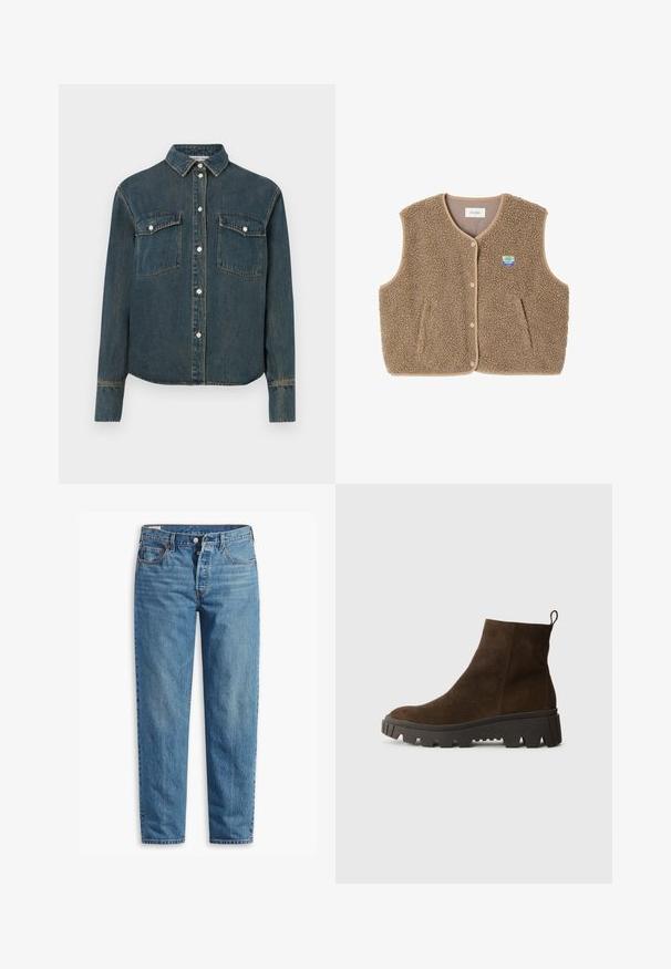 Brun fleece vest med en blød tekstur, rund halsudskæring, frontsnaplukning og sidelommer; har et lille logo patch.; Denimskjorte med krave, lange ærmer, to brystlommer og knaplukning foran. Mørkeblå farve med en falmet tekstur.; Blå denimjeans med lige ben, der har lynlås i gylpen, to forlommer og subtil falming over stoffet.; Brun ruskindsankelstøvle med en kraftig sort gummisål, der har en let hæl og en slip-in hækling for nem påklædning.