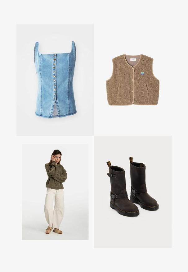 Hnedý fleecový vest s mäkkou štruktúrou, okrúhlym výstrihom, predným zapínaním na cvoky a bočnými vreckami; obsahuje malé logom.; Denimová blúzka so štvorcovým výstrihom, modrý umývaný efekt, zapínanie na prednej strane s dekoratívnymi zlatými gombíkmi, bočné rozparky a mierne zúžený strih.; Free People GOOD LUCK MID RISE BARREL - Džínsy voľného strihu - beige; Tmavohnedé kožené čižmy s dizajnom do polovice lýtok, žltým šitím, nastaviteľnými prackami a pútkami na vrchu. Štruktúrovaný povrch.
