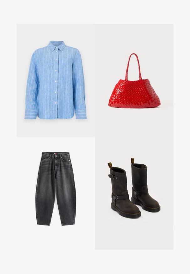 Hnědá fleecová vesta s jemnou texturou, kulatým výstřihem, předním zapínáním na patentky a bočními kapsami; má malou nášivku s logem.; Světle modrá lněná košile s bílými vertikálními pruhy, dlouhými rukávy, zapínáním na knoflíky vpředu a klasickým límcem. Texturovaná tkanina s volným střihem.; Černé džíny s vysokým pasem a uvolněným střihem, obsahující pět kapes, poutka na opasek a značkovou etiketu na pase.; Tmavě hnědé kožené boty se středně dlouhým designem, žlutým prošíváním, nastavovacími přezkami a poutky na vršku. Texturovaný povrch.; Červená tkaná kabelka s lesklým povrchem, vybavená pletenými ušima. Výrazný trojúhelníkový tvar a texturovaný povrch s hustým vzorem.
