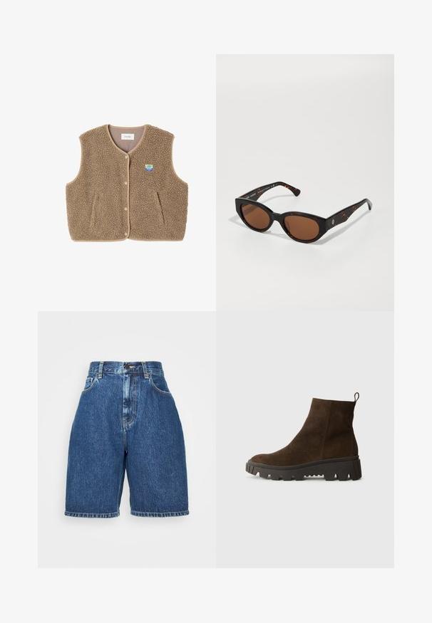 Hnědá fleecová vesta s jemnou texturou, kulatým výstřihem, předním zapínáním na patentky a bočními kapsami; má malou nášivku s logem.; Samsøe Samsøe SADOVER - Top s dlouhým rukávem - turkish coffee; Džínové šortky s vysokým pasem, tmavě modré barvy. Mají klasický pětikapsový střih, rovný střih a ohrnutý lem. Materiál je bavlna.; Hnědé semišové kotníkové boty s masivní černou gumovou podrážkou, s mírným podpatkem a s poutkem na zadní straně pro snadné obouvání.; Černé želvovinové sluneční brýle s hnědými skly, ostrý design a široké strany s decentním logem. Hladký plastový povrch.