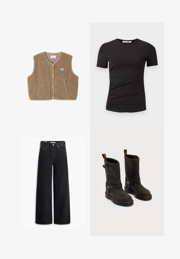 Brown fleece vest with a soft texture, rounded neckline, front snap closure, and side pockets; features a small logo patch.; Black short-sleeve t-shirt made of soft fabric, featuring a crew neck and gathered detailing on the left side for subtle texture.; Black wide-leg jeans made of denim, featuring five pockets, copper rivets, and a classic button closure. Smooth texture with a clean design.; Dark brown leather boots with a mid-calf design, yellow stitching, adjustable buckle straps, and pull tabs on the top. Textured finish.