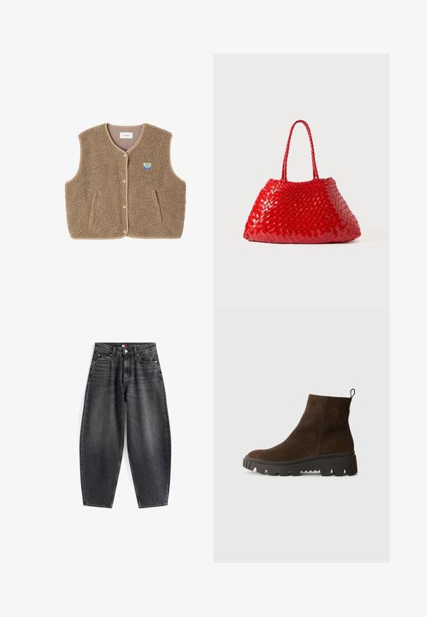 Gilet in felpa marrone con una texture morbida, scollo rotondo, chiusura frontale con bottoni a pressione e tasche laterali; presenta un piccolo logo ricamato.; Polo a maniche lunghe blu chiaro con righe orizzontali grigie e bianche e colletto.; Jeans in denim nero a vita alta con una vestibilità rilassata, dotati di cinque tasche, passanti per la cintura e un'etichetta del marchio sulla cintura.; Stivaletto in camoscio marrone con suola in gomma nera chunky, caratterizzato da un leggero tacco e una linguetta sul retro per una facile calzata.; Borsa intrecciata rossa con finitura lucida, dotata di manici intrecciati. Forma triangolare distintiva e superficie testurizzata con un motivo fitto.